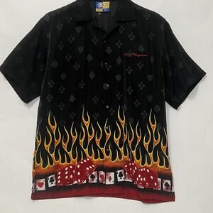 Las Vegas Short Sleeve Button Flames Dice Cards Graphics Shirt Black‎ Men Medium